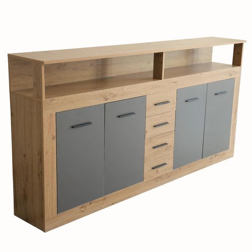 Buffet Style Industriel L190cm 4 Portes Er 4 Tiroirs Lunata Chêne Et Gris