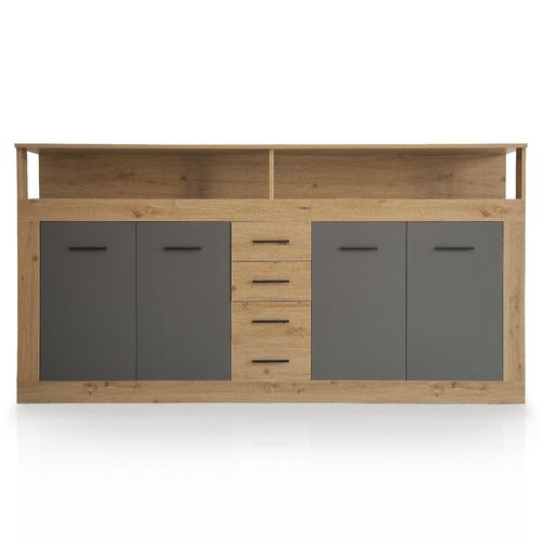Buffet Style Industriel L190cm 4 Portes Er 4 Tiroirs Lunata Chêne Et Gris