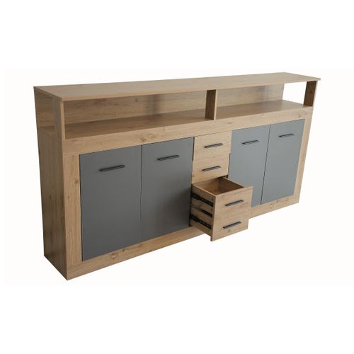 Buffet Style Industriel L190cm 4 Portes Er 4 Tiroirs Lunata Chêne Et Gris