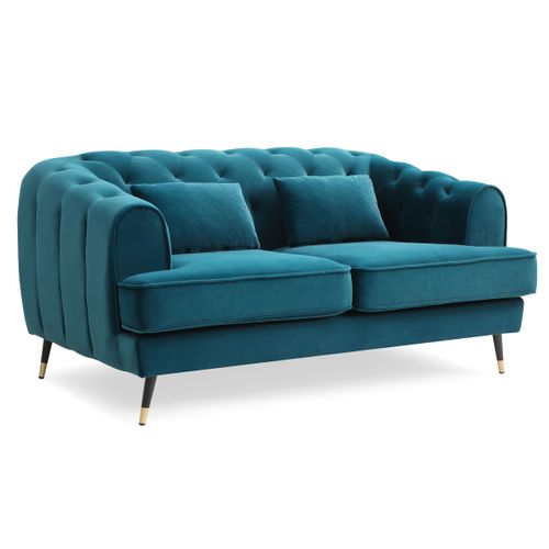 Canapé Capitonné 2 Places Style Boudoir Glams Velours Bleu Canard