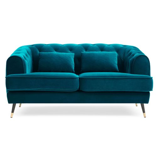 Canapé Capitonné 2 Places Style Boudoir Glams Velours Bleu Canard