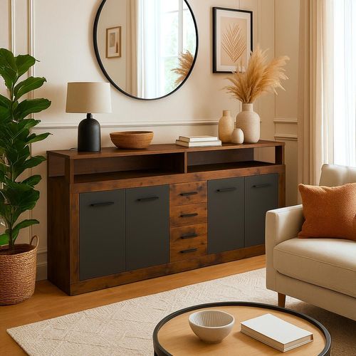 Buffet Style Industriel L190cm 4 Portes Er 4 Tiroirs Lunata Bois Foncé Et Gris