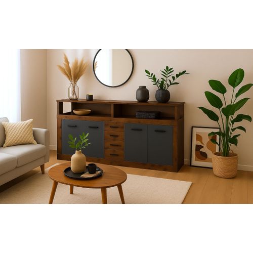 Buffet Style Industriel L190cm 4 Portes Er 4 Tiroirs Lunata Bois Foncé Et Gris