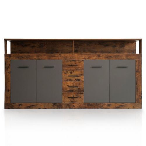 Buffet Style Industriel L190cm 4 Portes Er 4 Tiroirs Lunata Bois Foncé Et Gris