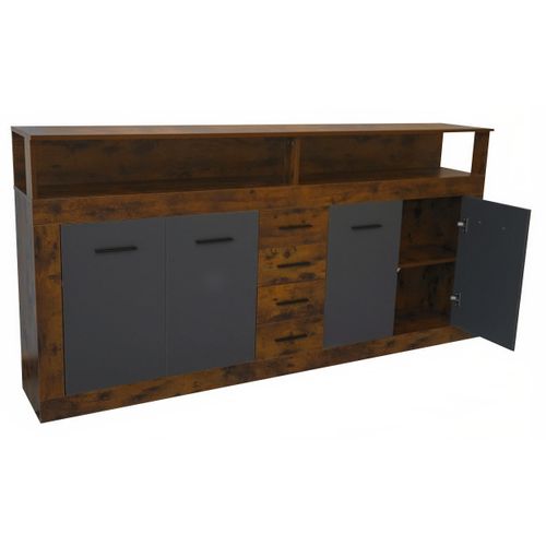 Buffet Style Industriel L190cm 4 Portes Er 4 Tiroirs Lunata Bois Foncé Et Gris