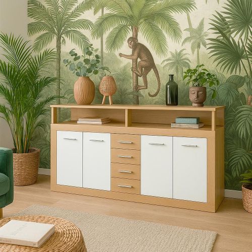 Buffet Contemporain L190cm 4 Portes Er 4 Tiroirs Lunata Bois Sonoma Et Blanc