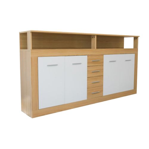 Buffet Contemporain L190cm 4 Portes Er 4 Tiroirs Lunata Bois Sonoma Et Blanc
