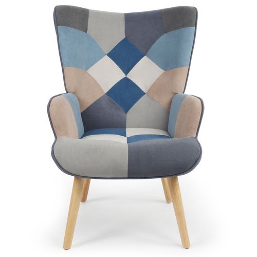 Fauteuil Scandinave Lyliane Effet Patchwork Velours Gris Et Bleu