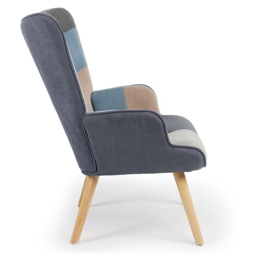 Fauteuil Scandinave Lyliane Effet Patchwork Velours Gris Et Bleu