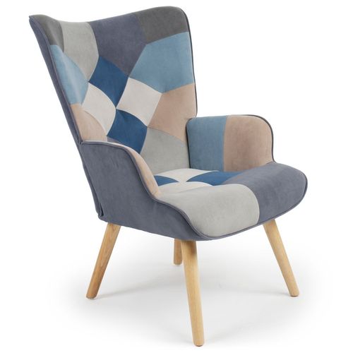 Fauteuil Scandinave Lyliane Effet Patchwork Velours Gris Et Bleu