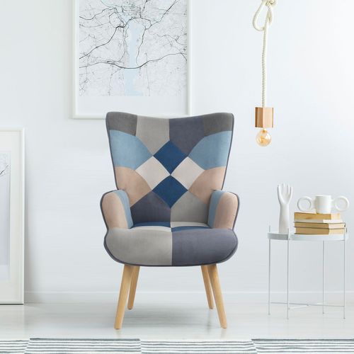Fauteuil Scandinave Lyliane Effet Patchwork Velours Gris Et Bleu