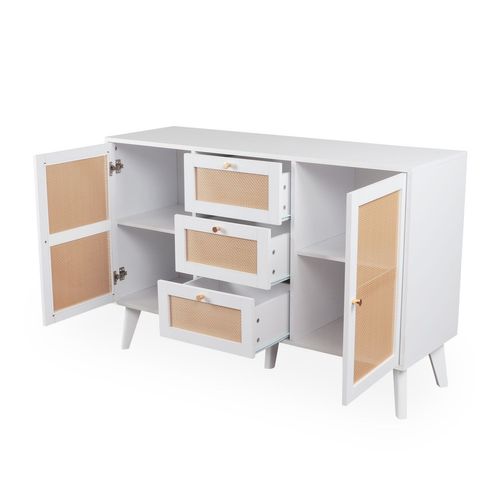 Buffet 3 Tiroirs Et 2 Portes Avec Cannage Dalgora L120cm Blanc