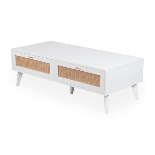 Table Basse 2 Tiroirs Avec Cannage Dalgora L120cm Blanc