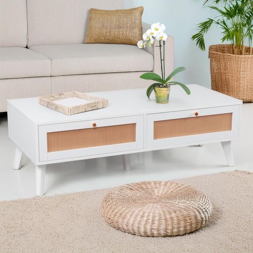 Table Basse 2 Tiroirs Avec Cannage Dalgora L120cm Blanc