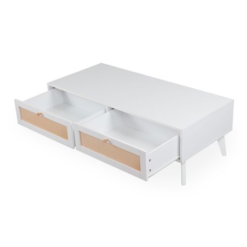 Table Basse 2 Tiroirs Avec Cannage Dalgora L120cm Blanc