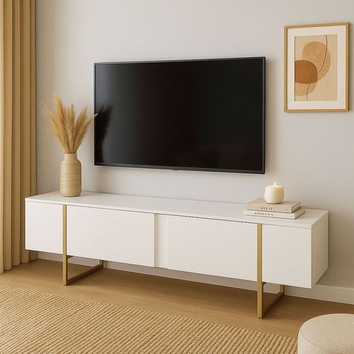 Meuble TV Moderne Avec 2 Portes Valmain L180cm Blanc Et Métal Or