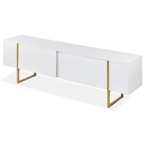 Meuble TV Moderne Avec 2 Portes Valmain L180cm Blanc Et Métal Or
