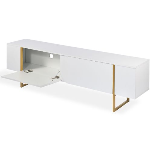 Meuble TV Moderne Avec 2 Portes Valmain L180cm Blanc Et Métal Or