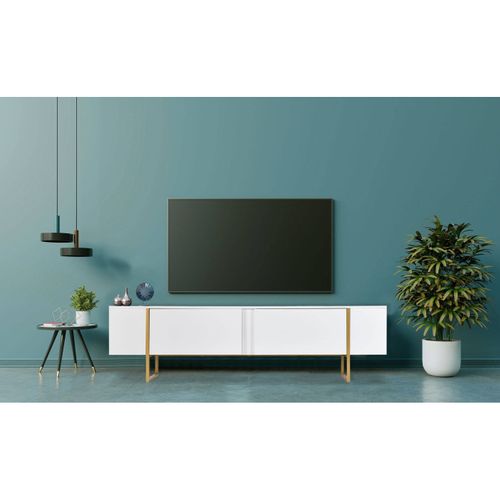 Meuble TV Moderne Avec 2 Portes Valmain L180cm Blanc Et Métal Or