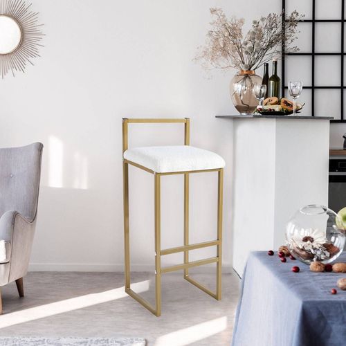 Tabouret De Bar En Métal Drakkar Or Et Tissu Bouclette Crème
