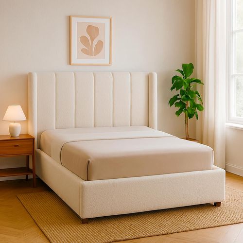 Lit Double Magorial Avec Sommier Relevable 140x190cm Tissu Bouclette Crème