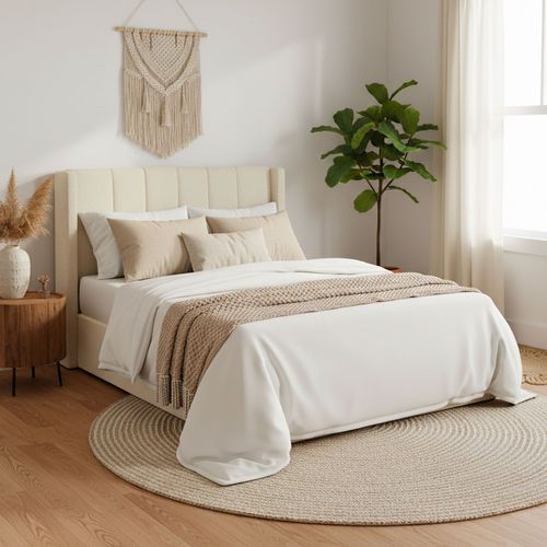 Lit Double Magorial Avec Sommier Relevable 140x190cm Tissu Bouclette Crème