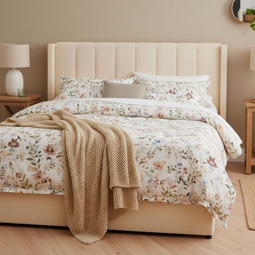 Lit Double Magorial Avec Sommier Relevable 180x200cm Tissu Bouclette Crème