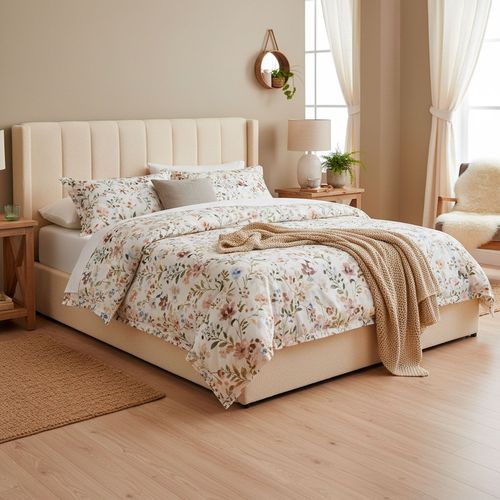 Lit Double Magorial Avec Sommier Relevable 180x200cm Tissu Bouclette Crème