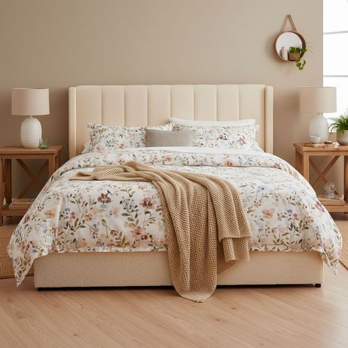 Lit Double Magorial Avec Sommier Relevable 180x200cm Tissu Bouclette Crème