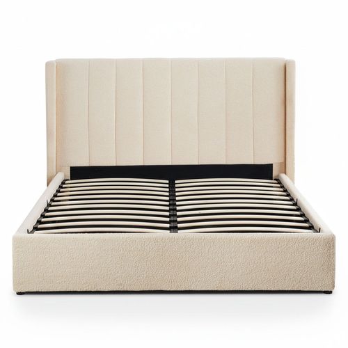 Lit Double Magorial Avec Sommier Relevable 180x200cm Tissu Bouclette Crème