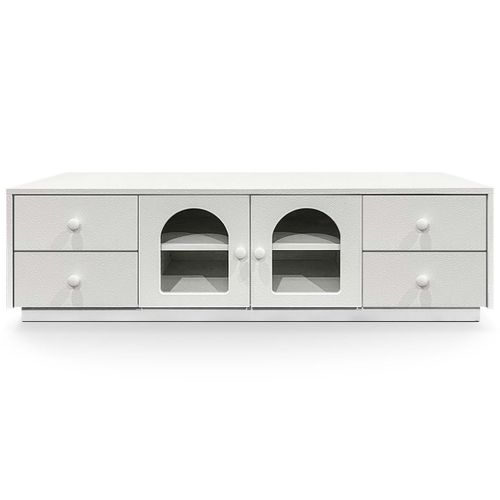 Meuble TV 140cm Avec Portes Et Tiroirs Style Naturel Chic Volos Blanc Texturé