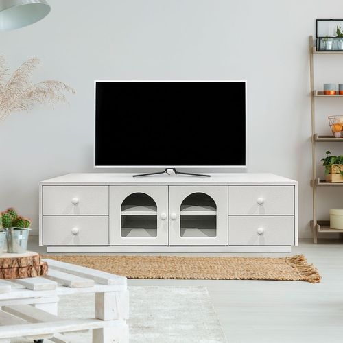 Meuble TV 140cm Avec Portes Et Tiroirs Style Naturel Chic Volos Blanc Texturé