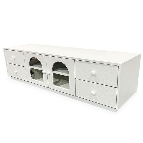 Meuble TV 140cm Avec Portes Et Tiroirs Style Naturel Chic Volos Blanc Texturé