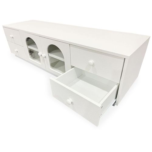 Meuble TV 140cm Avec Portes Et Tiroirs Style Naturel Chic Volos Blanc Texturé
