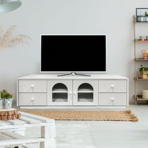 Meuble TV 140cm Avec Portes Et Tiroirs Style Naturel Chic Volos Blanc Texturé
