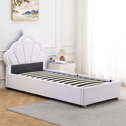 Lit Simple Avec Tête De Lit Coquillage Et Sommier Relevable Queenie Simili Blanc 90x190cm