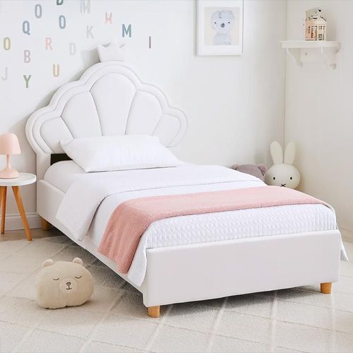 Lit Simple Avec Tête De Lit Coquillage Et Sommier Relevable Queenie Simili Blanc 90x190cm