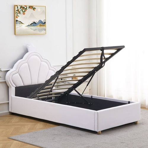 Lit Simple Avec Tête De Lit Coquillage Et Sommier Relevable Queenie Simili Blanc 90x190cm