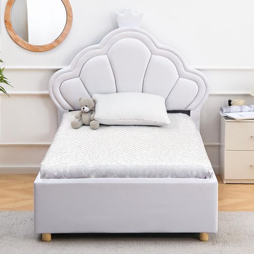 Lit Simple Avec Tête De Lit Coquillage Et Sommier Relevable Queenie Simili Blanc 90x190cm