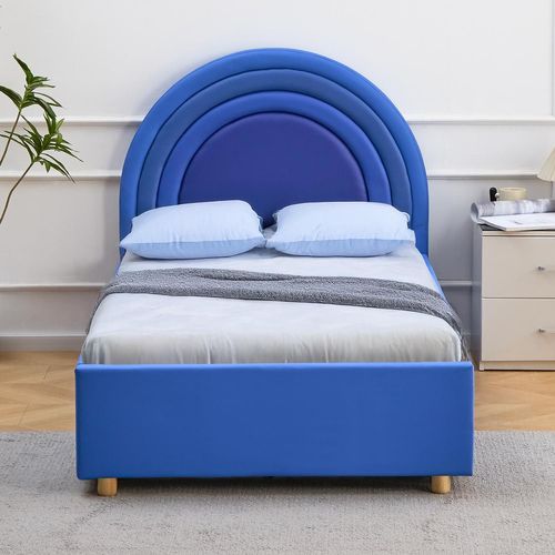 Lit Simple Avec Tête De Lit En Arche Et Sommier Relevable Bedbow Simili Bleu 90x190cm