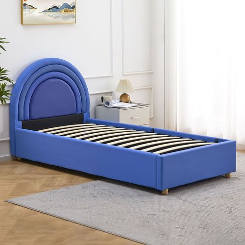 Lit Simple Avec Tête De Lit En Arche Et Sommier Relevable Bedbow Simili Bleu 90x190cm