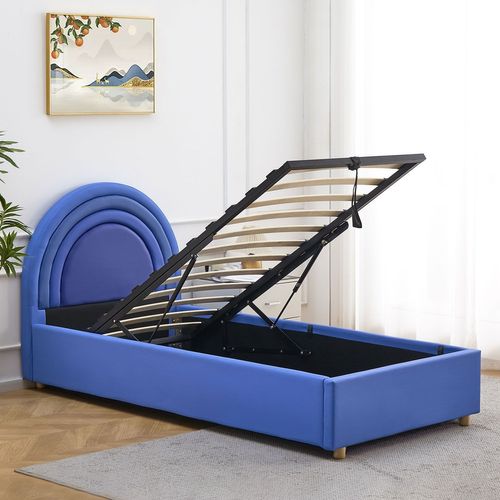 Lit Simple Avec Tête De Lit En Arche Et Sommier Relevable Bedbow Simili Bleu 90x190cm