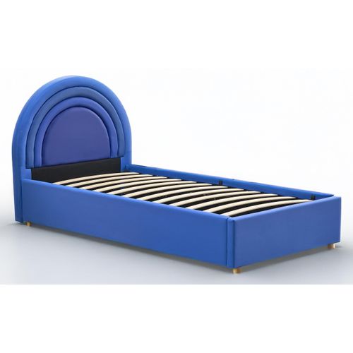 Lit Simple Avec Tête De Lit En Arche Et Sommier Relevable Bedbow Simili Bleu 90x190cm