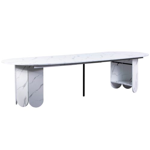 Table Ronde Style Japandi Extensible 310cm Tulipa Rallonges Intégrées Effet Marbre Blanc