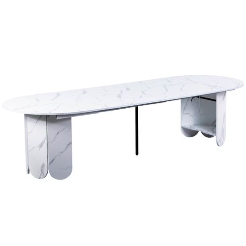 Table Ronde Style Japandi Extensible 310cm Tulipa Rallonges Intégrées Effet Marbre Blanc