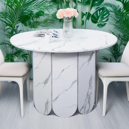 Table Ronde Style Japandi Extensible 310cm Tulipa Rallonges Intégrées Effet Marbre Blanc