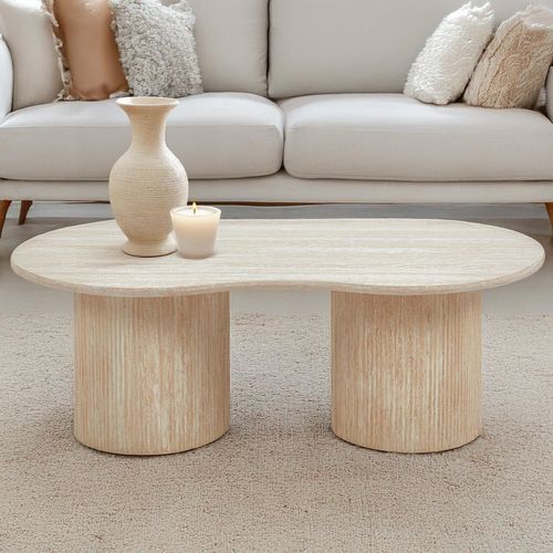 Table Basse Moderne 70x130cm Avec Pieds Style Colonnes Gwendoline Effet Travertin Beige
