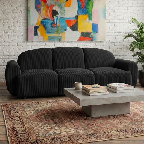 Canapé 3 Places Convertible Dossier Et Accoudoirs Arrondis Oliver Velours Côtelé Noir