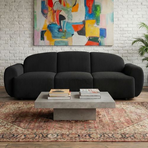 Canapé 3 Places Convertible Dossier Et Accoudoirs Arrondis Oliver Velours Côtelé Noir