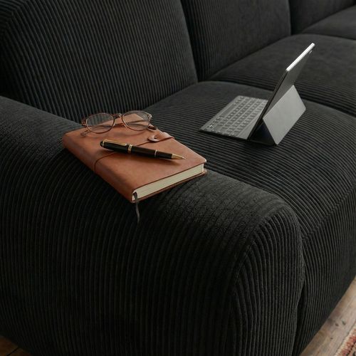 Canapé 3 Places Convertible Dossier Et Accoudoirs Arrondis Oliver Velours Côtelé Noir